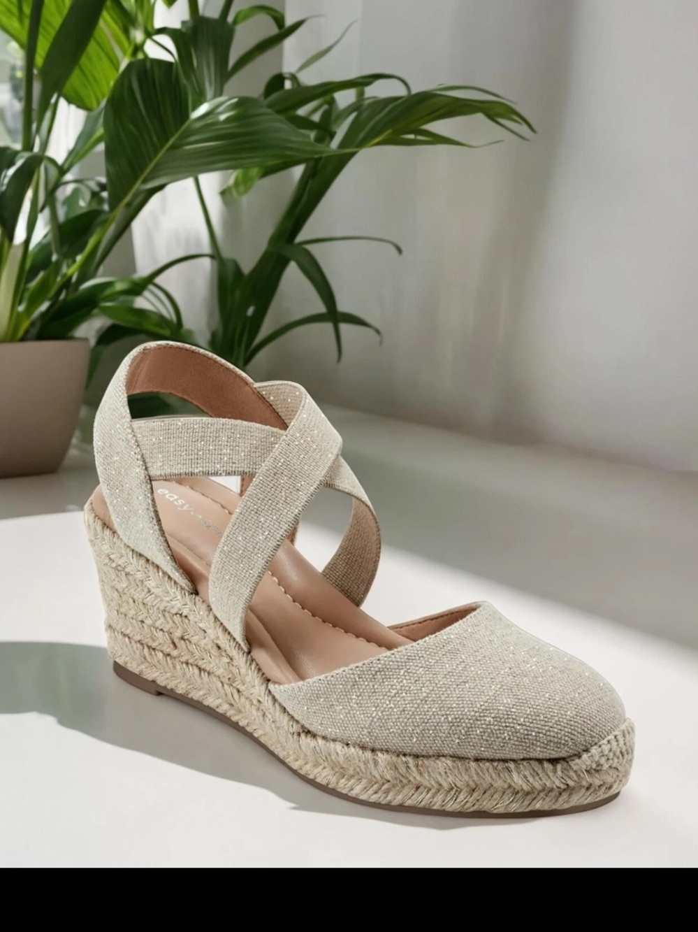 Easy Spirit Neutral Meza Natural Gold Sparkle Espadrille Wedge Sandals Sz 9 NIB